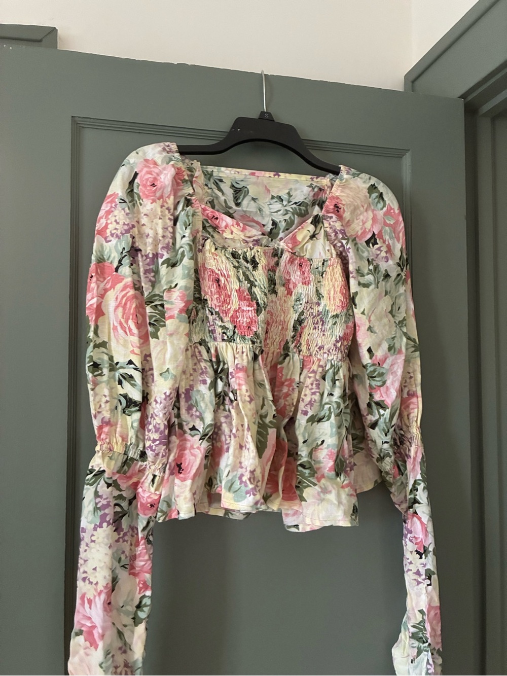 Faithfull the Brand Floral Smocked Peplum Blouse - Pink, Green, Cream